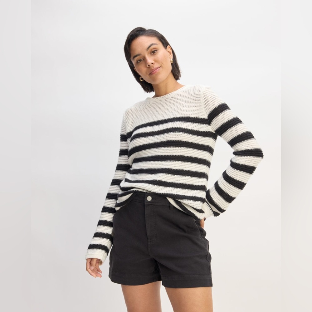 Everlane Black and White Striped Open Knit Crewneck Sweater